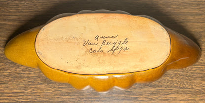 Vintage Circa 1960 American Mid Century Modern Anna Van Briggle Pottery Brown Glazed Console Bowl with Flower Frog