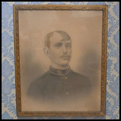 Circa 1900 Austrian Victorian Male Soldier in Uniform Framed Charcoal Portrait Drawing