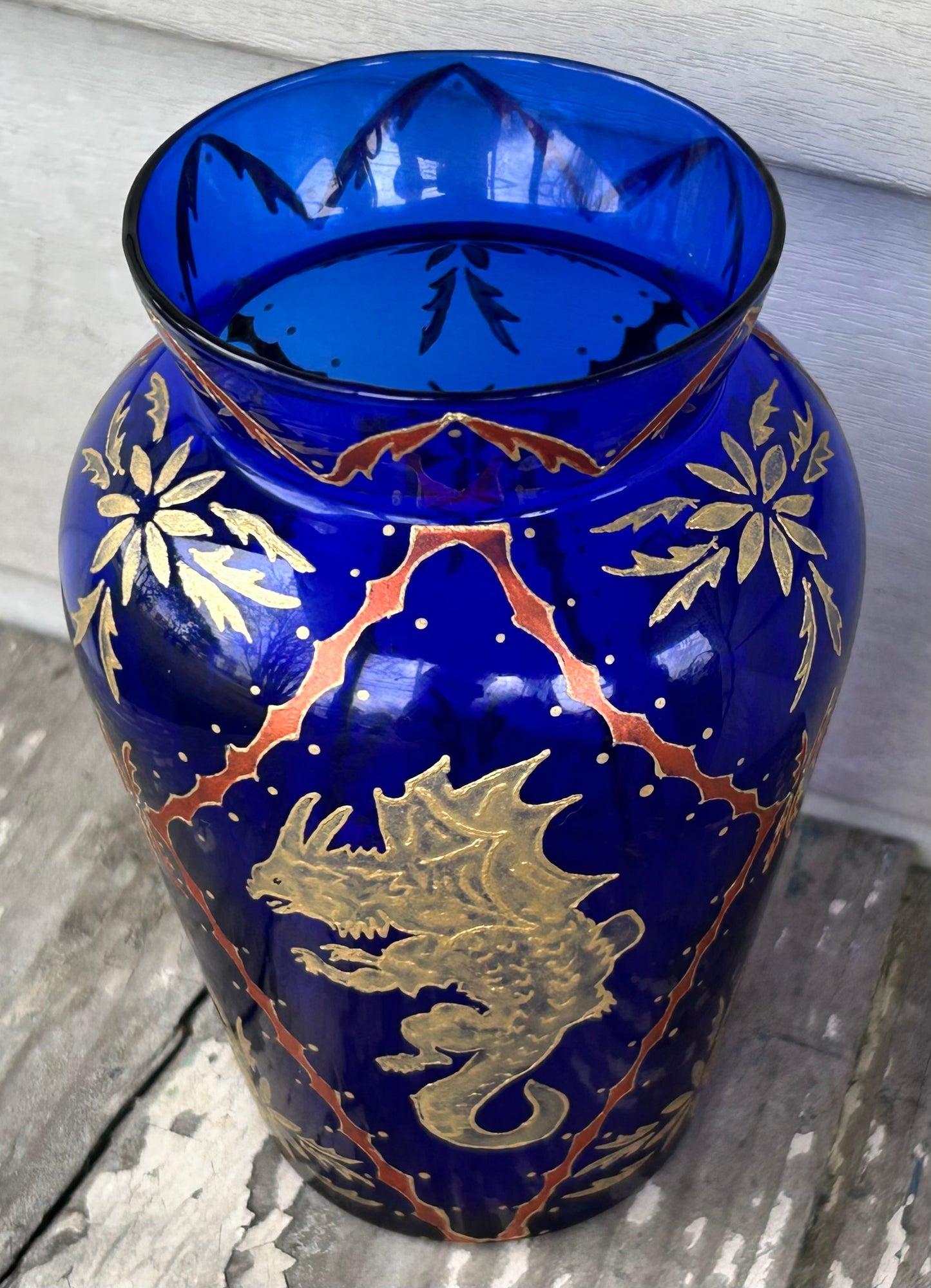 Jaryn/Bruce Orr Art Glass Contemporary Cobalt Blue Gilded Painted Dragon/Foliate Motifs Baluster Vase (1995/1996) (American)