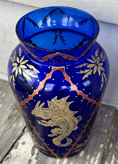 Jaryn/Bruce Orr Art Glass Contemporary Cobalt Blue Gilded Painted Dragon/Foliate Motifs Baluster Vase (1995/1996) (American)