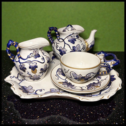 Vintage Mid 20th Century Italian Majolica Revival Style Gilded Cobalt Blue/White Porcelain Six-Piece Coffee Service Set