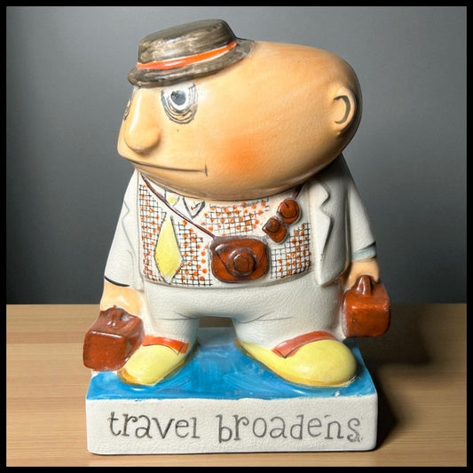Vintage 1950’s Ucagco Travel Broadens Man with Luggage Ceramic Novelty Figurine Made in Japan