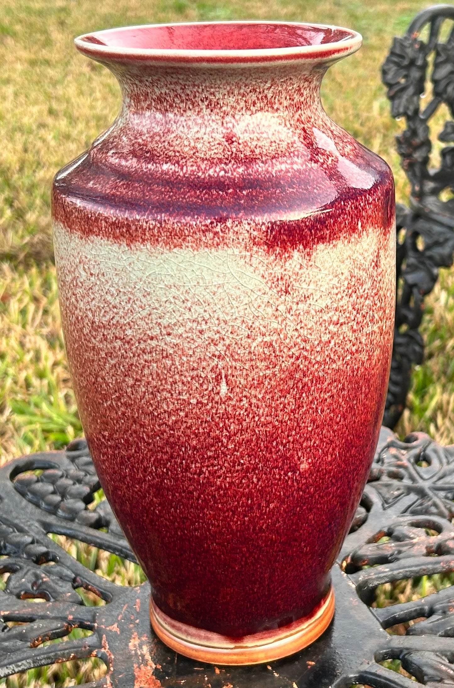 Early 20th Century English Arts & Crafts Ruskin Style Art Pottery Chinoiserie Flambé Sang de Boeuf Glazed Baluster Vase