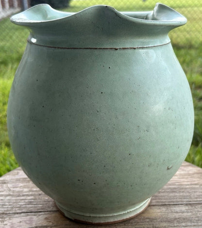 2005 Potsalot Studio Art Pottery Contemporary Style Stoneware Ruffled Rim Bulbous Vase (New Orleans, Louisiana)