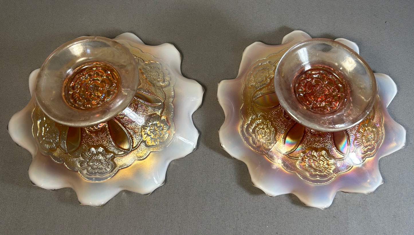 Pair of Circa 1915-1925 American Fenton Marigold/Opalescent Carnival Glass Lustre Rose Pattern Footed Compotes