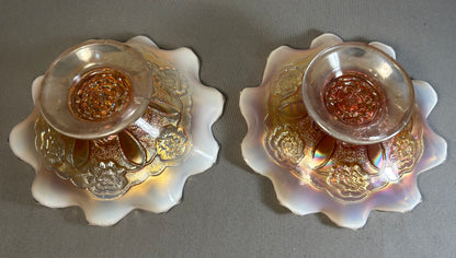 Pair of Circa 1915-1925 American Fenton Marigold/Opalescent Carnival Glass Lustre Rose Pattern Footed Compotes