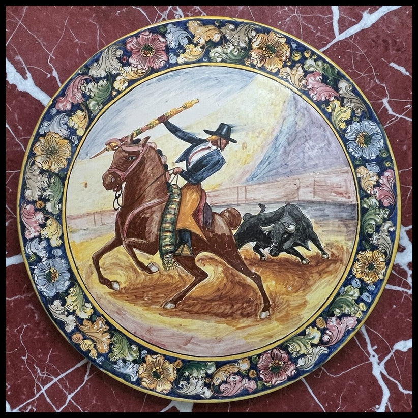 Vintage 1950’s Peruvian Fabrica Ceramica Artistica Pottery Glazed Terracotta Matador/Bull Motif Master Charger Platter