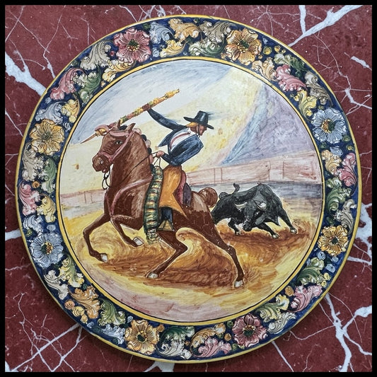 Vintage 1950’s Peruvian Fabrica Ceramica Artistica Pottery Glazed Terracotta Matador/Bull Motif Master Charger Platter