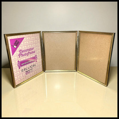 Vintage 1970’s American Woolworth Intercraft Brushed Brass Metal 8” x 10” Standing Tri-fold Picture Frame