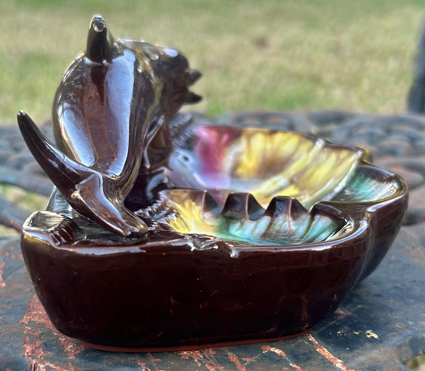 Vintage 1950’s Ceramic Redware Drip Glaze Florida Dolphin Souvenir Ashtray Made in Japan