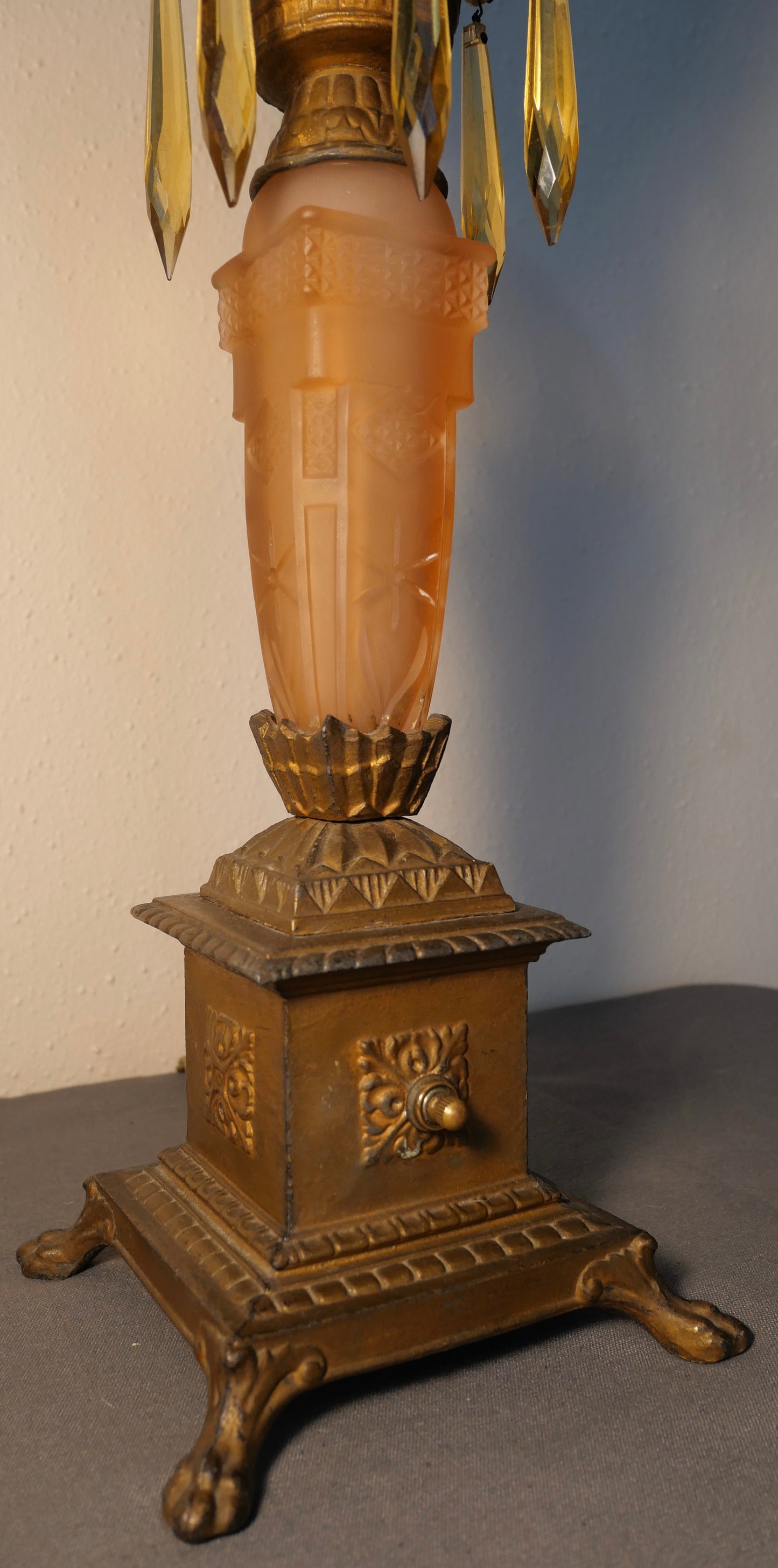 Circa 1920 American Art Deco Gilded Metal Lion's Paw Foot/Pink Frosted Glass Base Torchiere Table Lamp with Reverse Painted Frosted Glass Shade and Topaz Glass Hanging Prisms