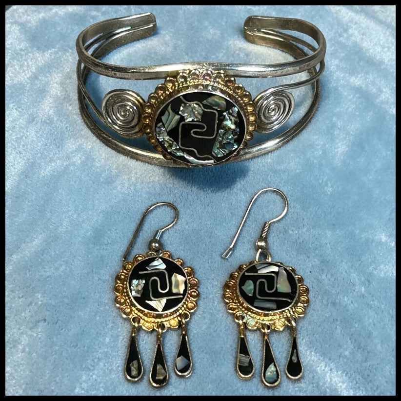 Vintage Circa 1970 Mexican Alpaca Modernist Silver Tone Abalone Shell and Black Onyx Inlay Aztec Chimalli Shield Motif Bangle Bracelet and Tassel Dangle Earrings Jewelry Set