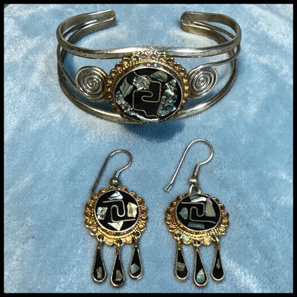 Vintage Circa 1970 Mexican Alpaca Modernist Silver Tone Abalone Shell and Black Onyx Inlay Aztec Chimalli Shield Motif Bangle Bracelet and Tassel Dangle Earrings Jewelry Set