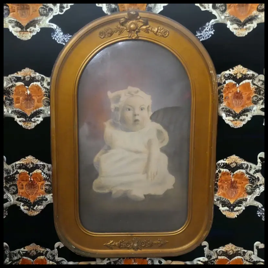 Circa 1900 American Victorian Baby Portrait Color Photograph in Gilt Gesso Wood Convex Bubble Glass Frame