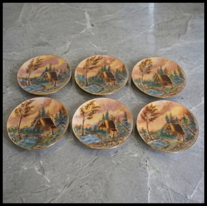 Set of 6 Circa 1900 American Impressionist Style Forest Cabin Landscape Motif Painted Porcelain Gilded Rim Appetizer Plates