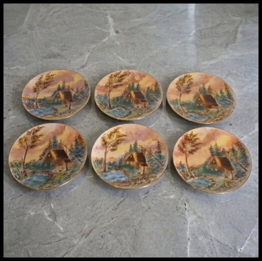 Set of 6 Circa 1900 American Impressionist Style Forest Cabin Landscape Motif Painted Porcelain Gilded Rim Appetizer Plates
