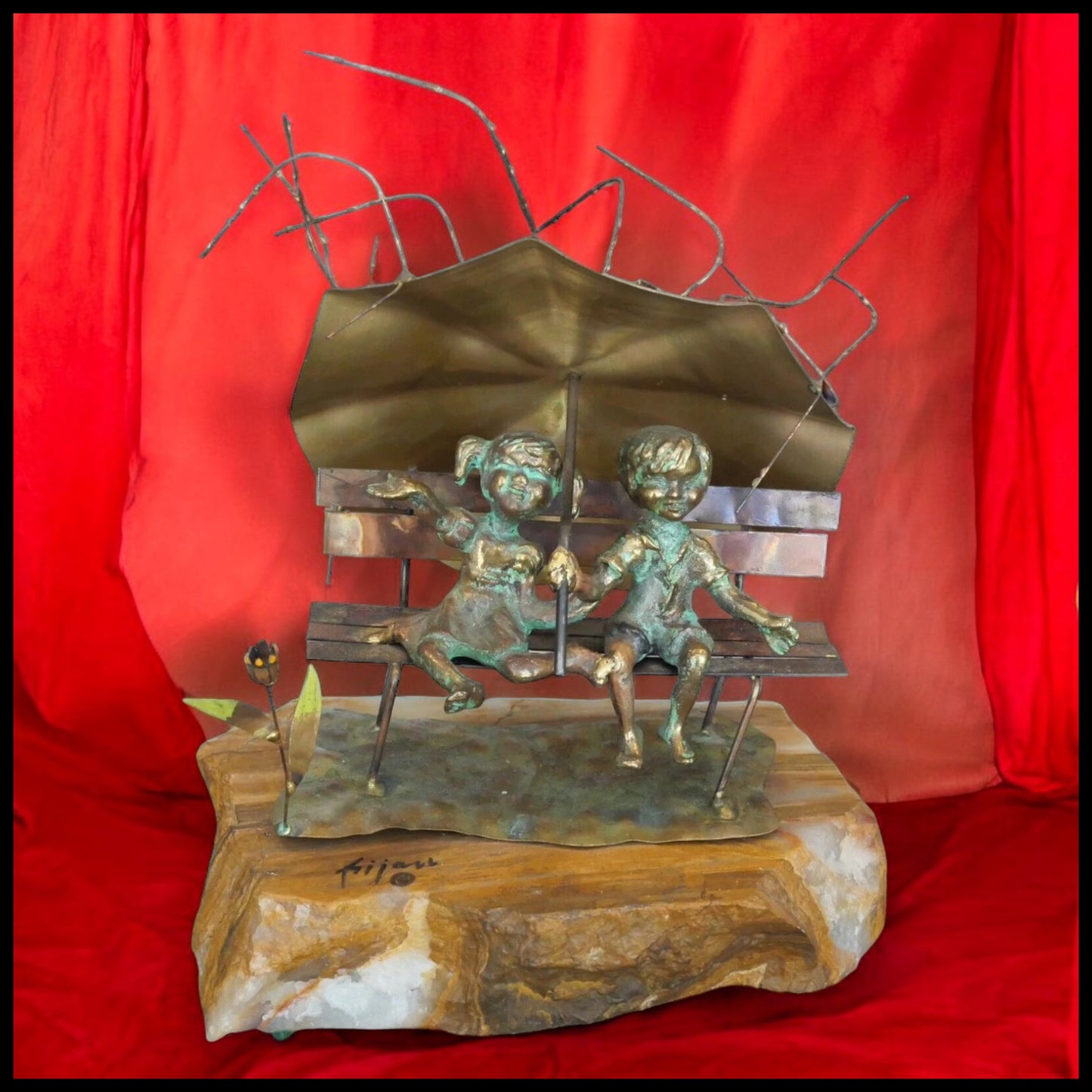 Vintage 1970’s American Brutalist “Raindrops” Metal Sculpture on Quartz Base by Bijan Bahar