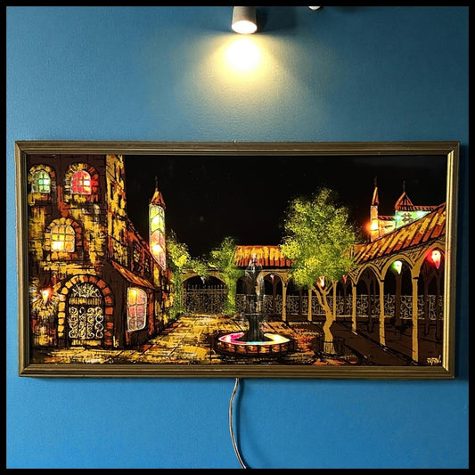 Vintage Mid 20th Century American Mid Century Modern Van-Ryan Art Studios Spanish Style Courtyard Framed Light Up Black Velvet Painting (California)