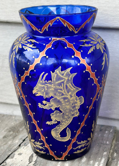 Jaryn/Bruce Orr Art Glass Contemporary Cobalt Blue Gilded Painted Dragon/Foliate Motifs Baluster Vase (1995/1996) (American)