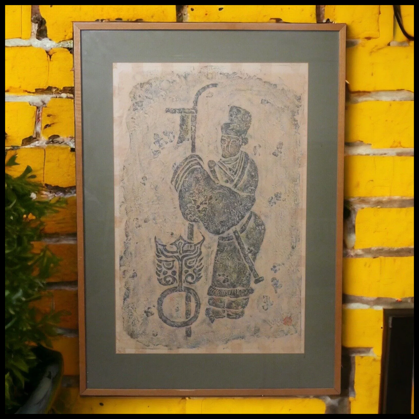 Vintage Mid 20th Century Thai Holy Man in Robe Framed Charcoal Rubbing Art