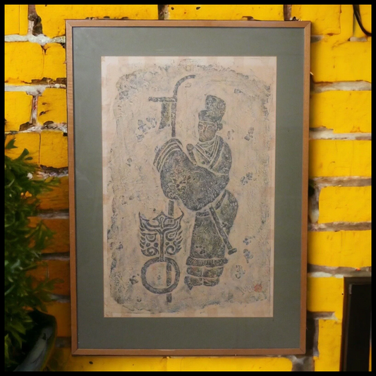 Vintage Mid 20th Century Thai Holy Man in Robe Framed Charcoal Rubbing Art