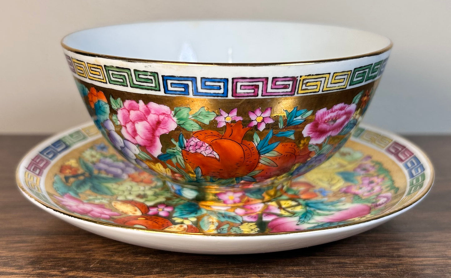 Vintage 1970’s Chinese Zhongguo Chao Cai Gilded Mille Fleur Porcelain Tea Bowl and Saucer Set