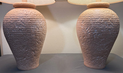 Pair of Vintage 1980’s American Postmodern Pastel Pink Banded Textured Ceramic Base Table Lamps with Thai Banana Paper Shades