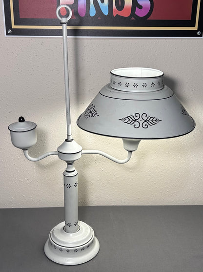 Vintage Mid 20th Century American Country Style White/Black Toleware Metal Student Desk Lamp