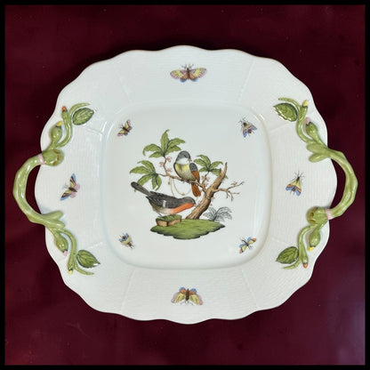 Vintage Circa 1970 Hungarian Herend Porcelain Hand-Painted Rothschild Bird Pattern Scalloped Rim Handled Square Serving Tray