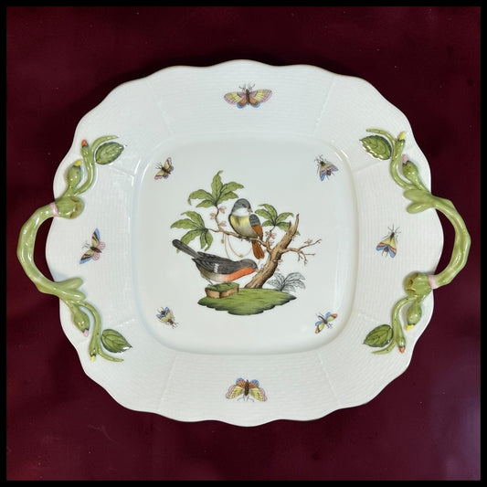 Vintage Circa 1970 Hungarian Herend Porcelain Hand-Painted Rothschild Bird Pattern Scalloped Rim Handled Square Serving Tray