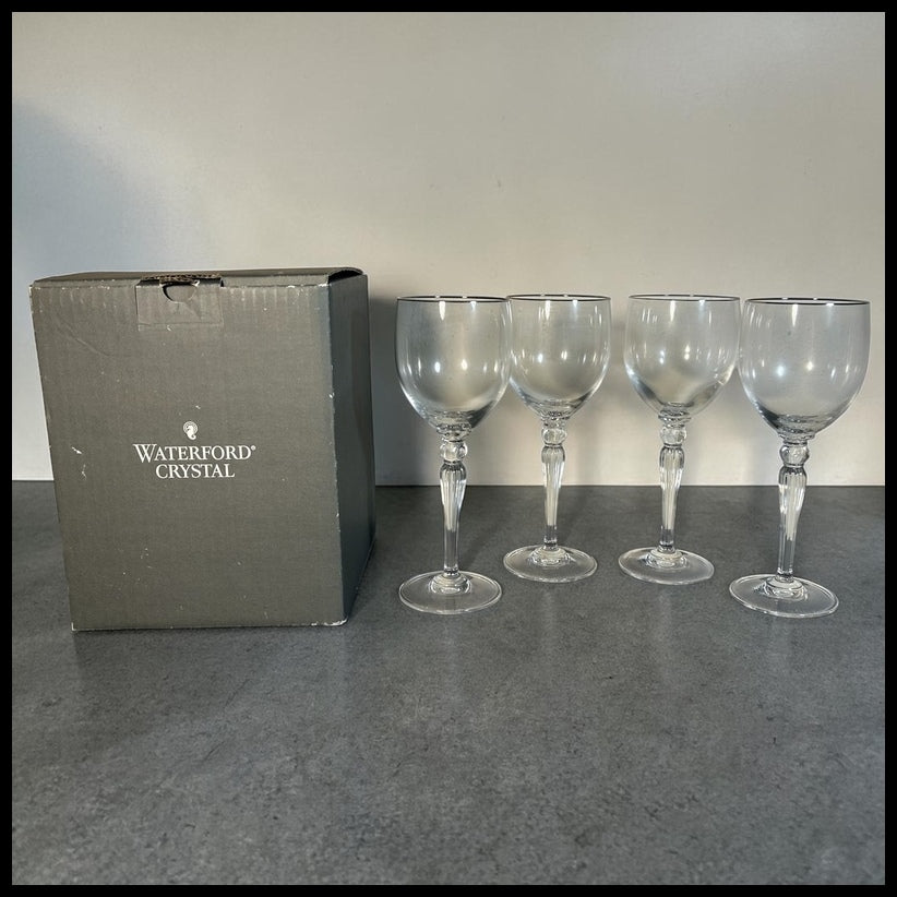 Set of 4 2000-2008 Waterford Crystal Carleton Platinum Water Goblet Glasses with Box (Retired)