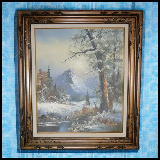 Vintage Circa 1970 Snow Covered Mountain Forest Landscape Framed Oil Painting on Canvas by L. Harding