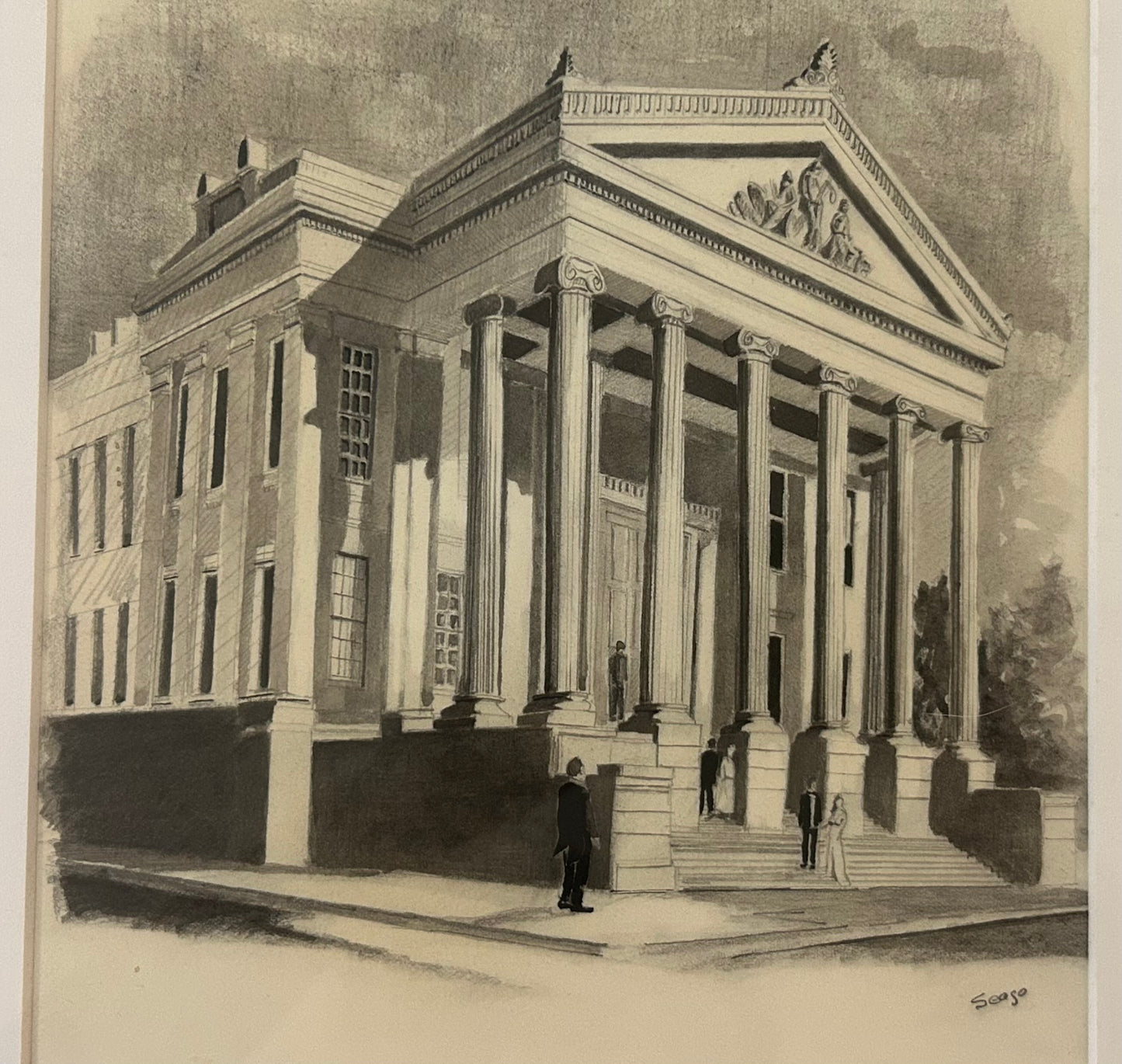 Vintage Robert Seago - “New Orleans Gallier Hall Mardi Gras Ball Arrival Scene” Framed Signed Pencil/Graphite Drawing (20th Century) (New Orleans, Louisiana)