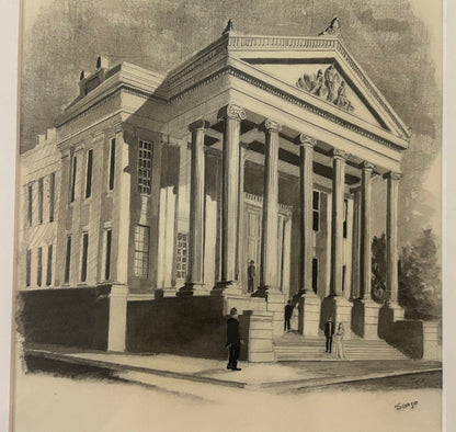 Vintage Robert Seago - “New Orleans Gallier Hall Mardi Gras Ball Arrival Scene” Framed Signed Pencil/Graphite Drawing (20th Century) (New Orleans, Louisiana)