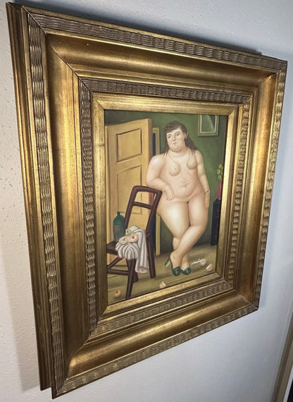 After Fernando Botero “Still Life with Oranges” Framed Oil Painting Signed Yuchevez with 2010 WYES-TV Auction Tag