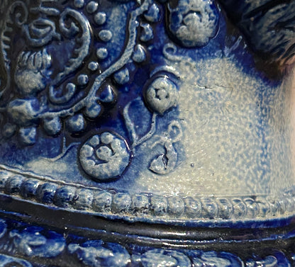 Mid 19th Century German Renaissance Revival Style Westerwald Salt Glazed Stoneware Coat of Arms Motif Satyr Spout Bulbous Footed Ewer