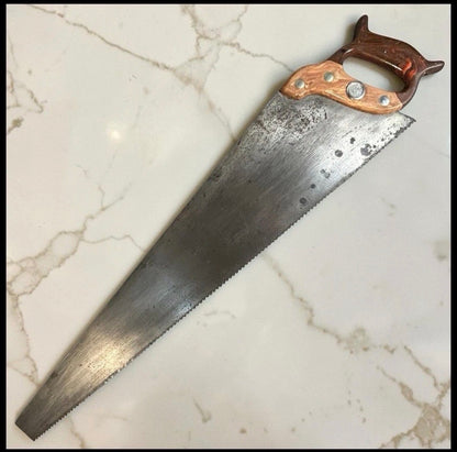 Vintage 1946-1954 American Henry Disston & Sons 26-Inch Steel Metal Blade/Disstonite Thermoplastic Marbleized Brown Body/Orange Shield Handle D-95 Masterpiece Model Handsaw