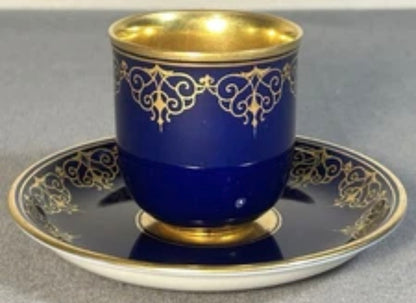 1930’s Austrian Augarten Porcelain Biedermeier Style Gilded Cobalt Blue Scrollwork Motifs Demitasse Cups and Saucer Set