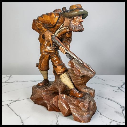 Vintage 1954 German Oberammergau Bavarian Hunter Wood Carving Statue by Valentin Riff