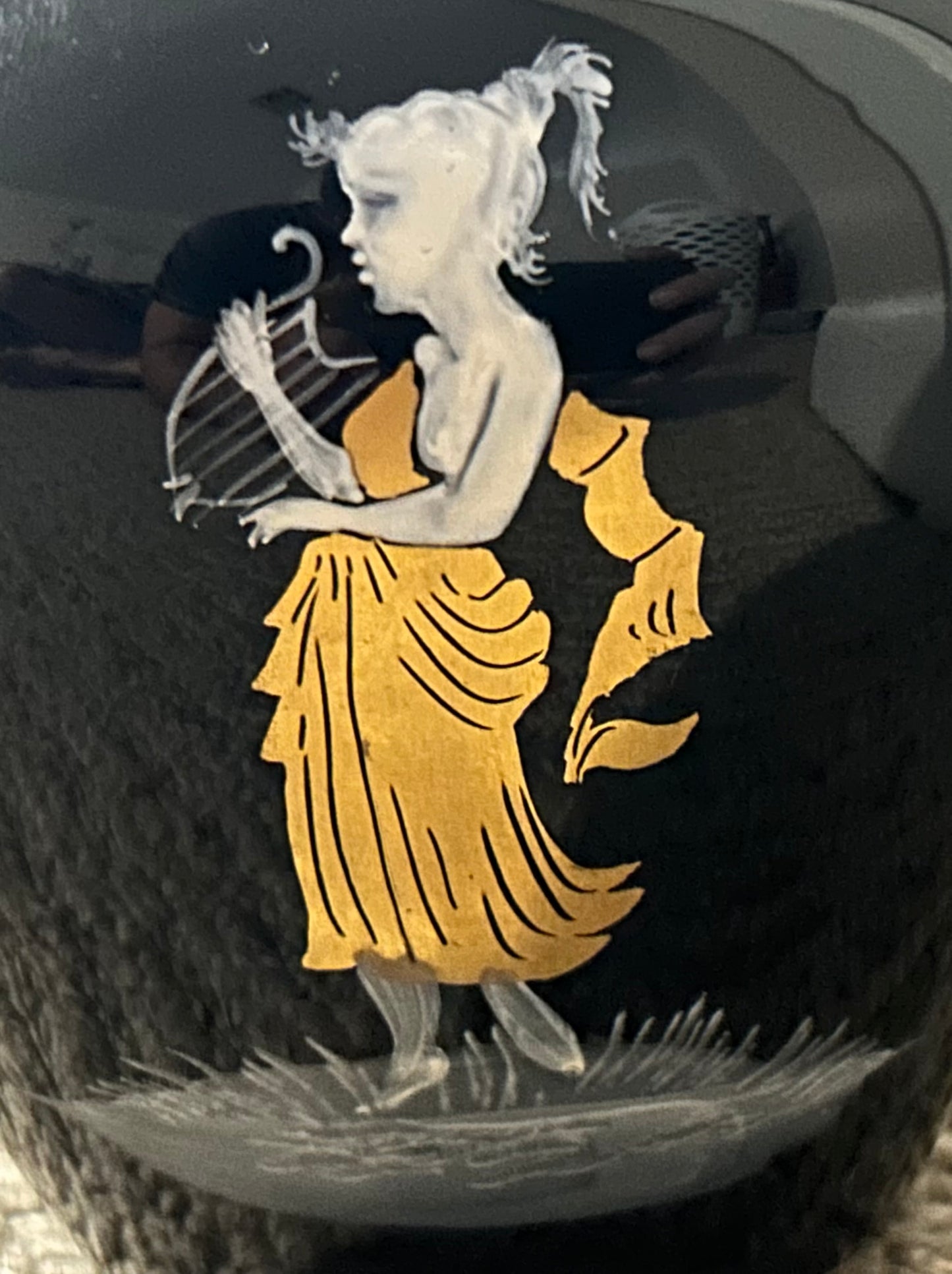 Vintage 1950’s American Westmoreland Mary Gregory Black Amethyst Glass Hand-Painted Woman Playing Harp Motif Baluster Vase