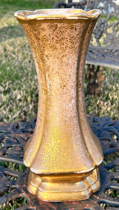Vintage 1950’s American Hollywood Regency Gilded Ceramic Floral Pattern Footed Hourglass Vase