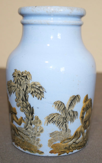 Circa 1880 English Victorian Prattware Pottery Blue Transferware Boar Hunt Scene Motif Mustard Jar