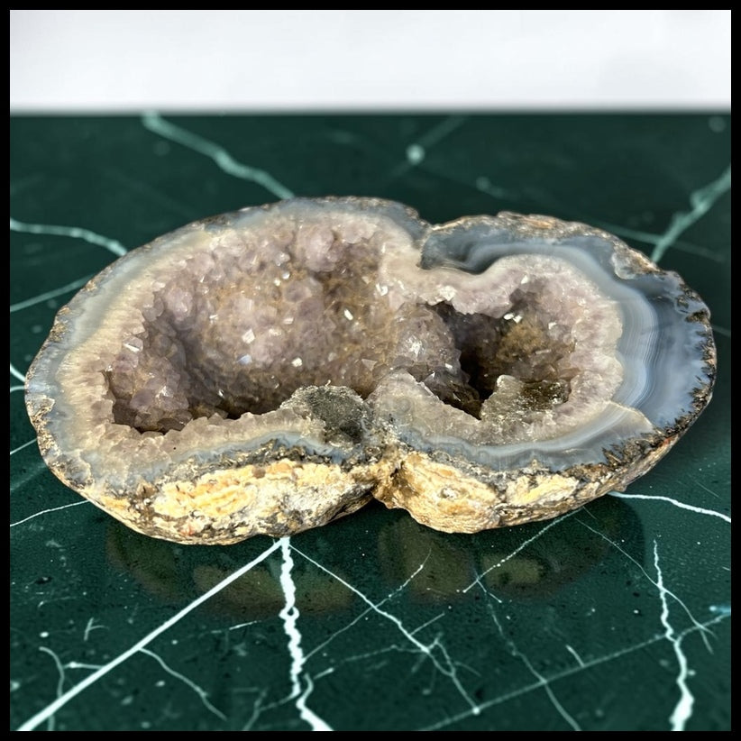 Natural Amethyst Quartz Crystal/Gray & White Chalcedony Agate Twin-Pocket Geode Specimen