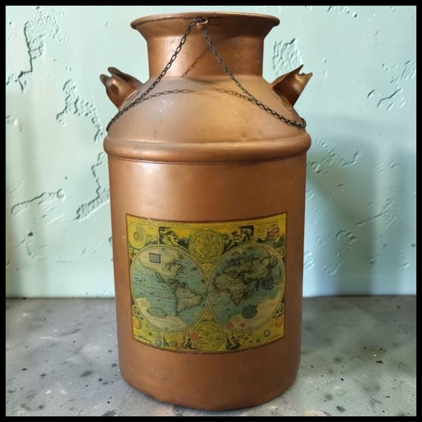 Vintage 1960's American Copper Tone Metal Old World Map Motif Milk Can
