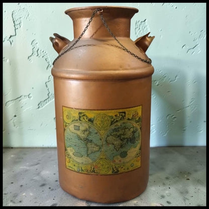 Vintage 1960's American Copper Tone Metal Old World Map Motif Milk Can