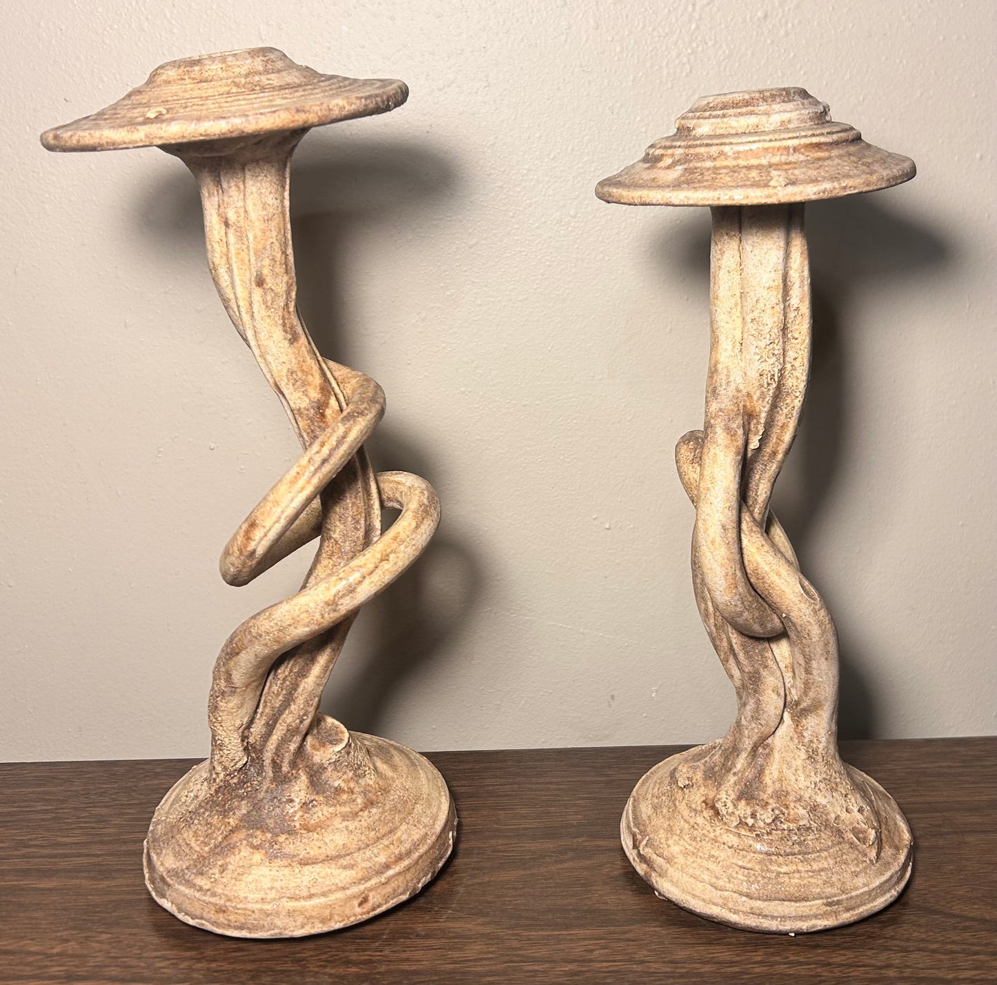 Pair of Contemporary Style Art Pottery Clay Organic Twist Form Candlesticks