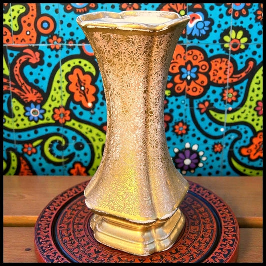 Vintage 1950’s American Hollywood Regency Gilded Ceramic Floral Pattern Footed Hourglass Vase