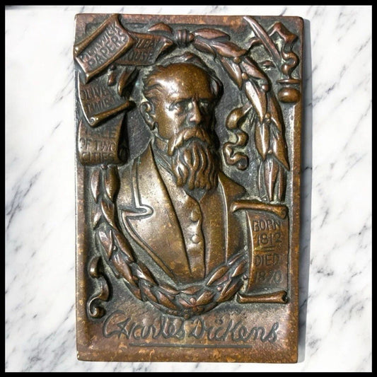 Circa 1919 English Arts & Crafts Bronze Charles Dickens Raised/Bas-Relief Miniature Portrait Plaque