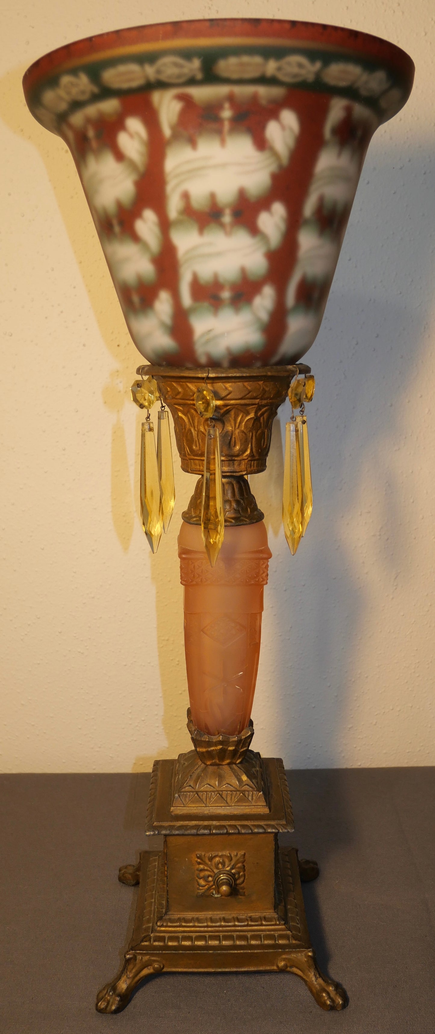 Circa 1920 American Art Deco Gilded Metal Lion's Paw Foot/Pink Frosted Glass Base Torchiere Table Lamp with Reverse Painted Frosted Glass Shade and Topaz Glass Hanging Prisms