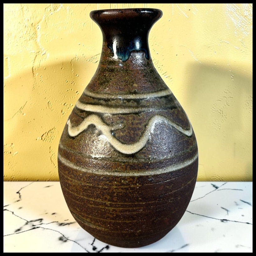 Vintage Mid 20th Century American Mid Century Modern Studio Art Pottery Glazed Brown Stoneware Baluster Bud Vase